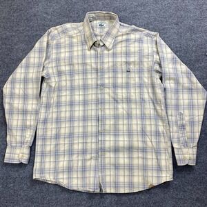 Lacoste Men's XL Long Sleeve Button Down Shirt Cream‎ Blue Plaid w/Logo